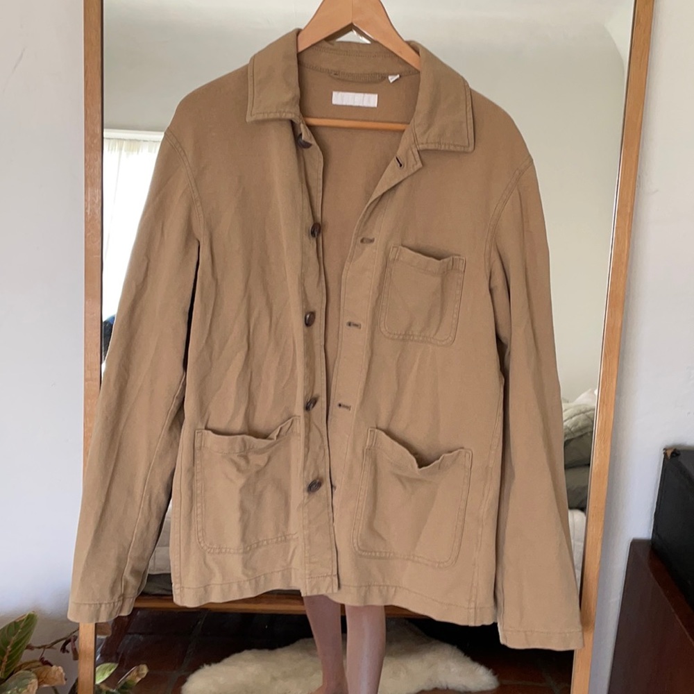 Uniqlo button down collared shirt, tan/camel color, cotton spandex blend